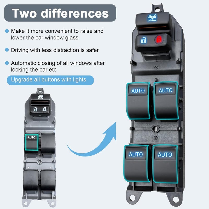 BELGEMAY Driver - Side Window Switch - Ice - Blue LED Lights, 4 - Key Auto - Up/Down - Fits 07-11 Camry XLE, 12-14 Prius C & More - Image 5